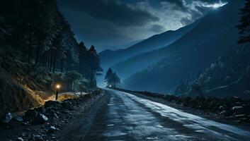 strada nel il montagne a notte con un' lanterna nel il primo piano. ai generato. foto