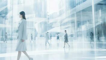attività commerciale persone a piedi nel un' moderno ufficio con grattacieli nel il sfondo. ai generato. foto