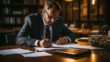 grave maturo uomo d'affari nel occhiali seduta a tavolo nel ufficio e scrittura nel taccuino. ai generato. foto