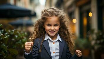 ritratto di un' bellissimo poco ragazza con Riccio capelli nel un' completo da uomo. ai generato. foto