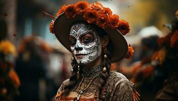 zucchero cranio donna nel tradizionale costume su il giorno di il morto. ai generato. foto