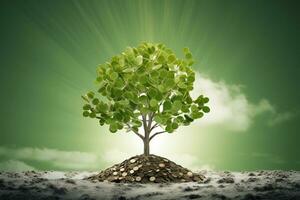 albero in crescita a partire dal mucchio di monete contro verde sfondo. ai generato. foto