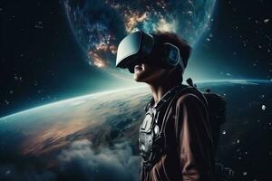 astronauta uomo esplorando spazio con virtuale la realtà cuffia. ai generato. foto