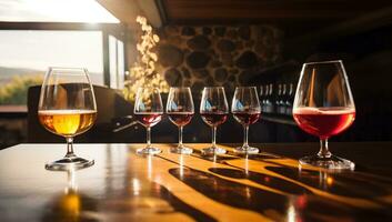 degustazione di diverso fortificato vini nel bicchieri a azienda vinicola, ristorante o sbarra. ai generato. foto