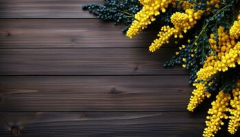 bellissimo mimosa fiori su di legno sfondo, piatto posizione. spazio per testo. ai generato. foto