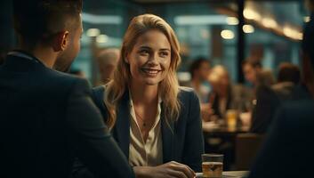 donna d'affari è parlando per sua collega e sorridente mentre seduta nel bar. ai generato. foto