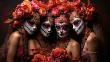 tre bellissimo donne con zucchero cranio trucco al di sopra di buio sfondo. dia de los muertos. giorno di il morto. ai generato. foto