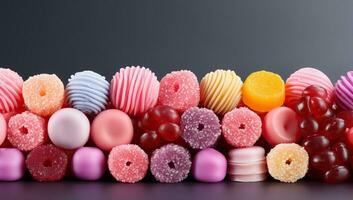 varietà di colorato caramelle e gelatina caramelle su nero sfondo. ai generato. foto