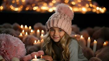 bellissimo poco ragazza nel caldo cappello e sciarpa con ardente candele su Natale vigilia. ai generato. foto