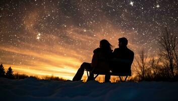 silhouette di amorevole coppia seduta su un' panchina e guardare a il stellato cielo. ai generato. foto