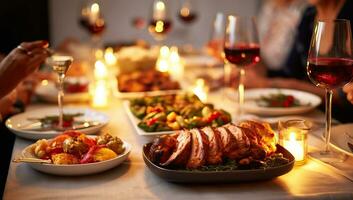 avvicinamento di festivo cena tavolo con arrostito tacchino, verdure e vino. ai generato. foto