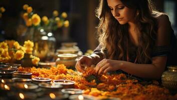 bellissimo giovane donna fabbricazione calendula fiore ghirlanda a casa. ai generato. foto