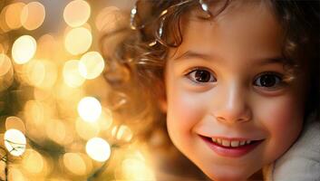 ritratto di un' carino poco ragazza con Riccio capelli su un' sfondo di Natale luci. ai generato. foto