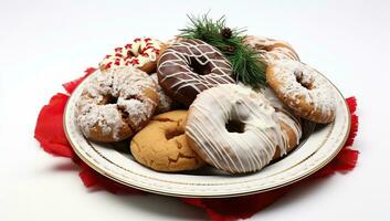 Natale biscotti su un' piatto su un' bianca sfondo con rosso tovagliolo. ai generato. foto