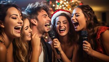 gruppo di giovane persone cantando nel karaoke a Natale festa. ai generato. foto