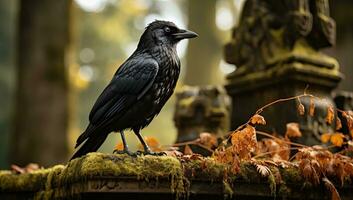 corvo seduta su un' tomba nel un' cimitero nel il autunno. ai generato. foto