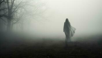 misterioso donna nel un' nebbioso foresta. Halloween tema. ai generato. foto