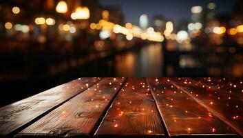 di legno tavolo nel davanti di notte città bokeh luci sfondo. ai generato. foto