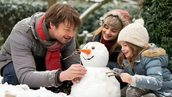 contento famiglia fabbricazione un' pupazzo di neve nel il parco. ai generato. foto