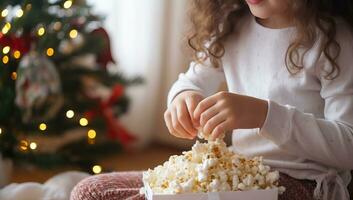 carino poco ragazza mangiare Popcorn a casa su Natale vigilia. ai generato. foto