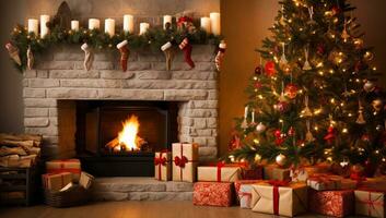 bellissimo Natale albero con regali vicino camino nel camera. ai generato. foto