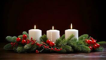 Natale candele con abete rami e rosso frutti di bosco. ai generato. foto