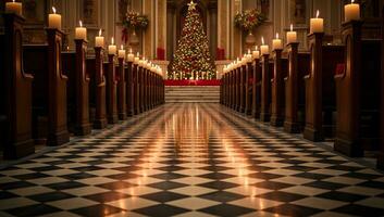 Chiesa interno con Natale albero e candele. ai generato. foto