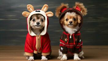 Due chihuahua cani nel Natale costumi su di legno sfondo. ai generato. foto