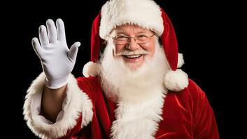 Santa Claus agitando il suo mano e sorridente. ai generato. foto