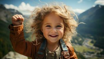 adorabile poco ragazza con biondo Riccio capelli su il superiore di un' montagna. ai generato. foto