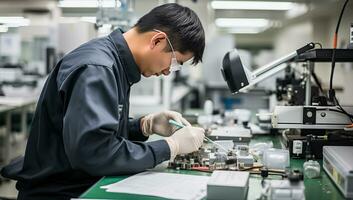 tecnico Lavorando nel il laboratorio, controllo il elettronico componenti. ai generato. foto