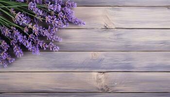 lavanda fiori su di legno sfondo. superiore Visualizza con copia spazio. ai generato. foto