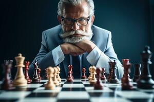ritratto di anziano uomo d'affari giocando scacchi. anziano uomo nel completo da uomo giocando scacchi. ai generato. foto