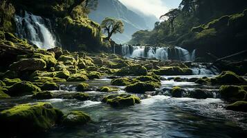 un' fiume in esecuzione attraverso un' foresta con rocce e alberi ai generato foto