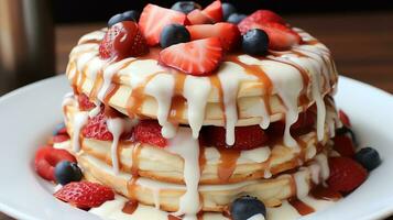 un' pila di Pancakes con frutti di bosco e crema ai generativo foto