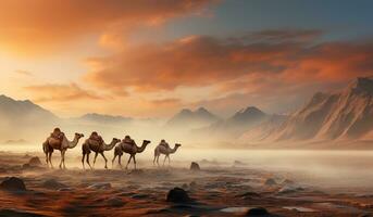cammelli nel il deserto a tramonto. ai generato foto