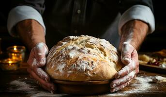 panettiere Spettacoli appena al forno pane. ai generato foto