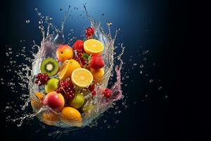 vivace ai Generatore illustrazione di vario frutta nel spruzzi acqua foto