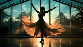 silhouette di un' ballerina danza di il finestra contro tramonto luce. ai generato foto