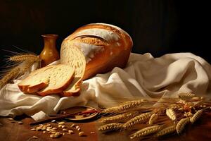 illustrazione ancora vita con vario tipi di fresco pane e orecchie di Grano. ai generato foto