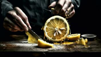 realistico Immagine di mani taglio Limone con coltello. ai generato foto