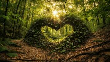 cuore formato di albero rami e le foglie su un' foresta sentiero. ai generato foto