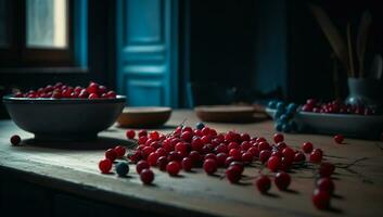 rosso frutti di bosco sparpagliato su superiore di blu di legno tavolo. ai generato foto