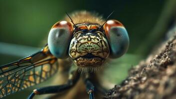 avvicinamento con grande dettaglio di il testa di un' libellula. ai generato foto