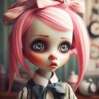 carino Bambola illustrazione con grande occhi e rosa capelli. ai generato foto