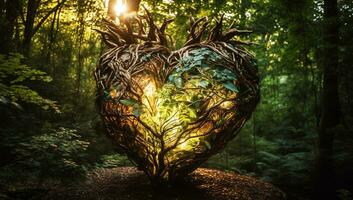 cuore formato di albero rami e le foglie su un' foresta sentiero. ai generato foto