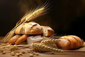 illustrazione ancora vita con vario tipi di fresco pane e orecchie di Grano. ai generato foto