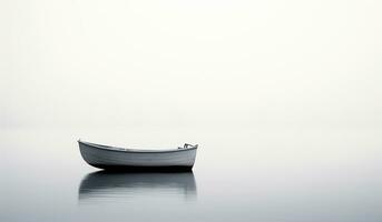 minimalista paesaggio di piccolo di legno barca isolato nel acqua con un' lotto di nebbia. ai generato foto