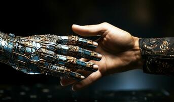 toccare fra un' robotica mano e un' umano mano. ai generato foto