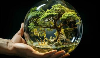 trasparente cristallo sfera con foresta dentro. ecologia concetto. ai generato foto